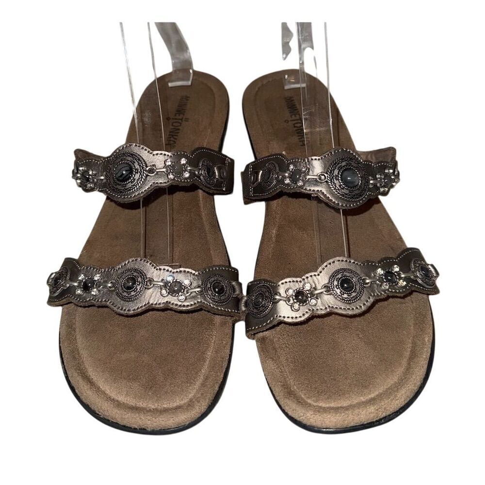 Minnetonka Gray Leather Boca Slide Sandals Size 10